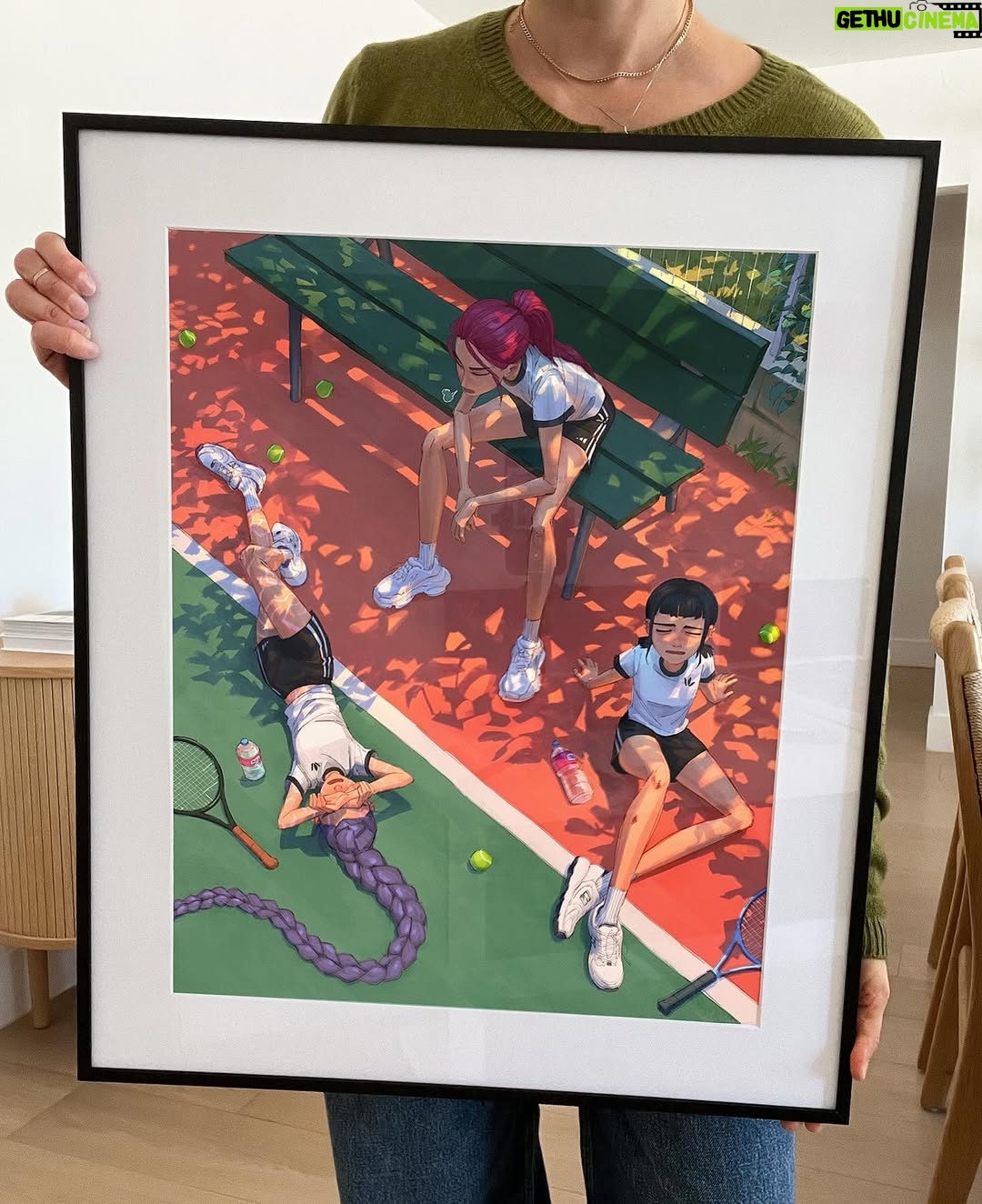 Laura Price - 56.4K Likes - PE class 🎾 my piece for the #kpopdemonhunters official art show at @gallerynucleus! this is a 16x20” giclée print (20x24” frame) with hand painted details (rumi’s patterns are iridescent)! I wanted to draw the girls in an anime high school AU, but a sports fest episode. swipe for Huxley size reference #kdh