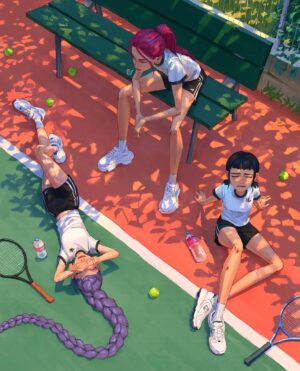 Laura Price Instagram - PE class 🎾 my piece for the #kpopdemonhunters official art show at @gallerynucleus! this is a 16x20” giclée print (20x24” frame) with hand painted details (rumi’s patterns are iridescent)! I wanted to draw the girls in an anime high school AU, but a sports fest episode. swipe for Huxley size reference #kdh