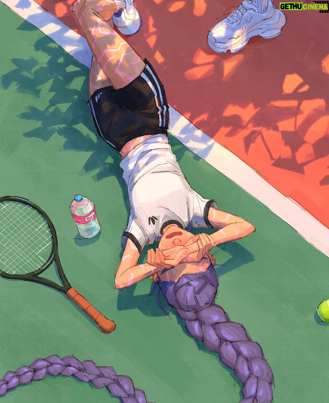 Laura Price - 56.4K Likes - PE class 🎾 my piece for the #kpopdemonhunters official art show at @gallerynucleus! this is a 16x20” giclée print (20x24” frame) with hand painted details (rumi’s patterns are iridescent)! I wanted to draw the girls in an anime high school AU, but a sports fest episode. swipe for Huxley size reference #kdh