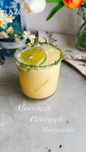 Laura Vitale Instagram - Whatever you do please pin this if you want to have the best pineapple coconut margarita of your life!! You just have to, trust and believe!! Recipe down below per drink! Honestly this is insane and you can sub some club soda for the tequila if you want to leave out the alcohol! 

Per drink:
2oz of Tequila Blanco
2oz of Pineapple juice 
1.5oz of Cream of Coconut (coco real brand)
1oz of Fresh Lime Juice 
1oz Orange Juice