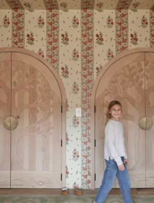 Lauren Liess Instagram - Today’s the day!!! The MEADOW HOUSE TOUR PART 2- the fairytale bedrooms- is airing on our channel! Part 1 - the first floor- is out too so be sure to check it out if you missed it. Poured my heart & soul into the place. 🫶 Here’s a little peek at the girls’ bedroom with their hand carved oak doors we sketched out. They requested it feel “old-fashioned” ;)