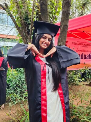 Likitha Murthy Instagram - She rises and she glows✨

Finally wore the graduation gown with a dual degree👩‍🎓……
From not sleeping continuously for 2-3 days while shooting, travelling, and studying between shot gaps, to wearing the graduation gown……. Now, everything counts and matters.

#selfappreciation #post #graduation #day #doublegraduate