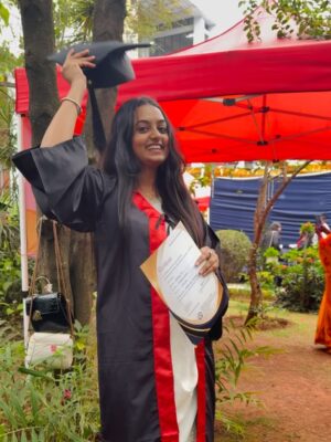 Likitha Murthy Instagram - She rises and she glows✨

Finally wore the graduation gown with a dual degree👩‍🎓……
From not sleeping continuously for 2-3 days while shooting, travelling, and studying between shot gaps, to wearing the graduation gown……. Now, everything counts and matters.

#selfappreciation #post #graduation #day #doublegraduate