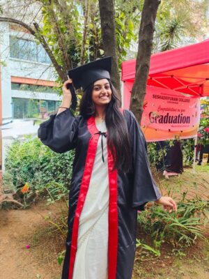 Likitha Murthy Instagram - She rises and she glows✨

Finally wore the graduation gown with a dual degree👩‍🎓……
From not sleeping continuously for 2-3 days while shooting, travelling, and studying between shot gaps, to wearing the graduation gown……. Now, everything counts and matters.

#selfappreciation #post #graduation #day #doublegraduate