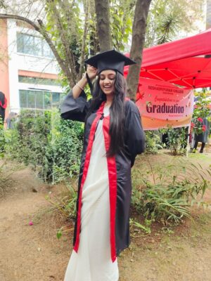 Likitha Murthy Instagram - She rises and she glows✨

Finally wore the graduation gown with a dual degree👩‍🎓……
From not sleeping continuously for 2-3 days while shooting, travelling, and studying between shot gaps, to wearing the graduation gown……. Now, everything counts and matters.

#selfappreciation #post #graduation #day #doublegraduate