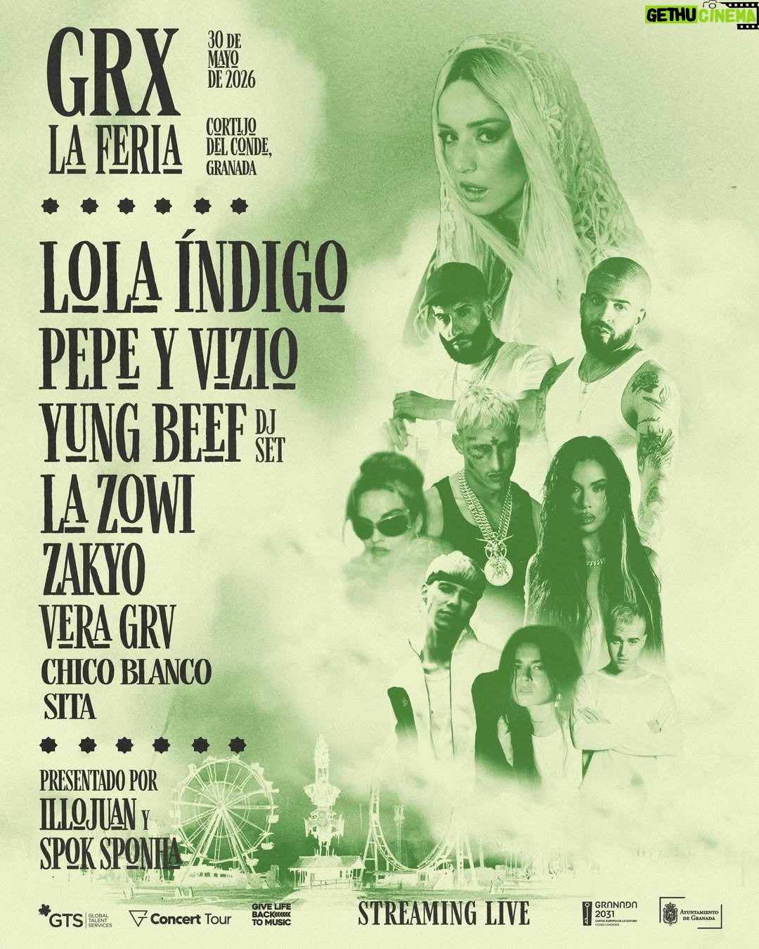 Lola Índigo - 31.5K Likes - GRX La Feria 
30/05/2026 
Cortijo del Conde, Granada

Entradas a la venta MAÑANA 05/12 a las 12:00

Atracciones, casetas, rumbas, comida, djs, alegría, muchas flores, gloria bendita, mucha música y conciertos de la escena musical de Granada & amigxs.