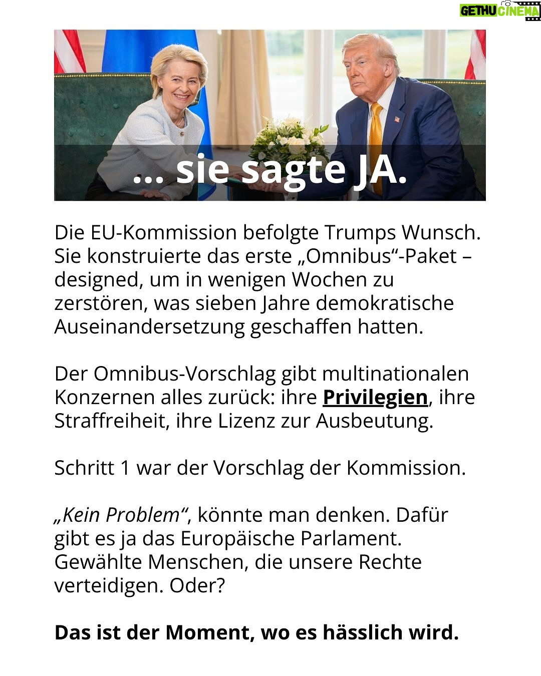 Luisa Neubauer - 60.5K Likes - Was gerade passiert, ist ungesehen in der Geschichte der Europäischen Union. Eine beispiellose Bedrohung  europäischen. Die Konservativen und die Rechtsextremen sind im Inbegriff, das, wofür Jahre und Jahrzehnte gekämpft wurde, einzureißen: demokratische Grundrechte, der Schutz des Planeten und unserer Gesundheit.
Sprich: die Grundpfeiler einer sicheren Zukunft. 
Es ist ein Wahnsinn. Lest bis zum Ende. Und dann lasst uns laut werden. An dieser Stelle ist Schlafwandeln keine Option.

Teilt diesen Post, taggt @bundeskanzler, @ursulavonderleyen und @manfred.weber und schreibt an eure EU-Abgeordneten vor Ort! ✊

 #WakeUpEU #Klimaschutz #Omnibus