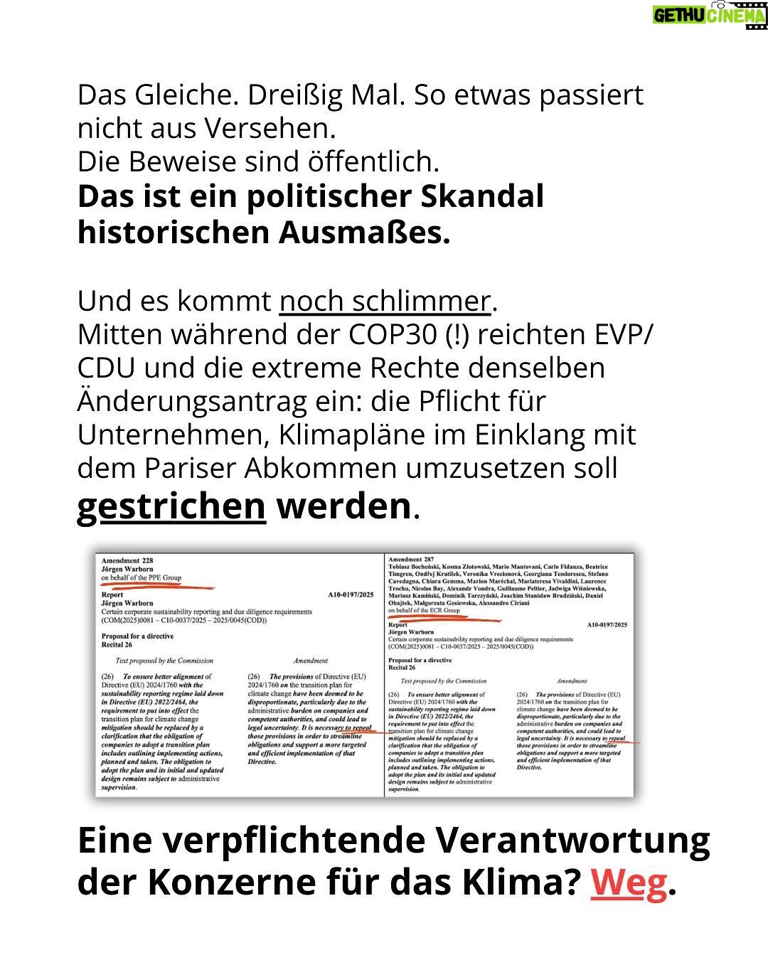 Luisa Neubauer - 60.5K Likes - Was gerade passiert, ist ungesehen in der Geschichte der Europäischen Union. Eine beispiellose Bedrohung  europäischen. Die Konservativen und die Rechtsextremen sind im Inbegriff, das, wofür Jahre und Jahrzehnte gekämpft wurde, einzureißen: demokratische Grundrechte, der Schutz des Planeten und unserer Gesundheit.
Sprich: die Grundpfeiler einer sicheren Zukunft. 
Es ist ein Wahnsinn. Lest bis zum Ende. Und dann lasst uns laut werden. An dieser Stelle ist Schlafwandeln keine Option.

Teilt diesen Post, taggt @bundeskanzler, @ursulavonderleyen und @manfred.weber und schreibt an eure EU-Abgeordneten vor Ort! ✊

 #WakeUpEU #Klimaschutz #Omnibus