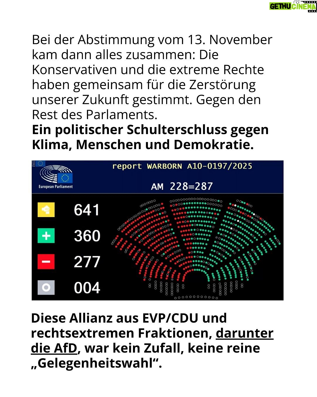 Luisa Neubauer - 60.5K Likes - Was gerade passiert, ist ungesehen in der Geschichte der Europäischen Union. Eine beispiellose Bedrohung  europäischen. Die Konservativen und die Rechtsextremen sind im Inbegriff, das, wofür Jahre und Jahrzehnte gekämpft wurde, einzureißen: demokratische Grundrechte, der Schutz des Planeten und unserer Gesundheit.
Sprich: die Grundpfeiler einer sicheren Zukunft. 
Es ist ein Wahnsinn. Lest bis zum Ende. Und dann lasst uns laut werden. An dieser Stelle ist Schlafwandeln keine Option.

Teilt diesen Post, taggt @bundeskanzler, @ursulavonderleyen und @manfred.weber und schreibt an eure EU-Abgeordneten vor Ort! ✊

 #WakeUpEU #Klimaschutz #Omnibus