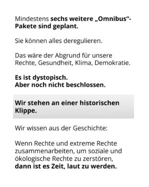 Luisa Neubauer Instagram - Was gerade passiert, ist ungesehen in der Geschichte der Europäischen Union. Eine beispiellose Bedrohung  europäischen. Die Konservativen und die Rechtsextremen sind im Inbegriff, das, wofür Jahre und Jahrzehnte gekämpft wurde, einzureißen: demokratische Grundrechte, der Schutz des Planeten und unserer Gesundheit.
Sprich: die Grundpfeiler einer sicheren Zukunft. 
Es ist ein Wahnsinn. Lest bis zum Ende. Und dann lasst uns laut werden. An dieser Stelle ist Schlafwandeln keine Option.

Teilt diesen Post, taggt @bundeskanzler, @ursulavonderleyen und @manfred.weber und schreibt an eure EU-Abgeordneten vor Ort! ✊

 #WakeUpEU #Klimaschutz #Omnibus