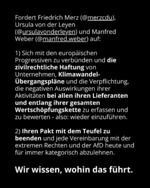 Luisa Neubauer Instagram - Was gerade passiert, ist ungesehen in der Geschichte der Europäischen Union. Eine beispiellose Bedrohung  europäischen. Die Konservativen und die Rechtsextremen sind im Inbegriff, das, wofür Jahre und Jahrzehnte gekämpft wurde, einzureißen: demokratische Grundrechte, der Schutz des Planeten und unserer Gesundheit.
Sprich: die Grundpfeiler einer sicheren Zukunft. 
Es ist ein Wahnsinn. Lest bis zum Ende. Und dann lasst uns laut werden. An dieser Stelle ist Schlafwandeln keine Option.

Teilt diesen Post, taggt @bundeskanzler, @ursulavonderleyen und @manfred.weber und schreibt an eure EU-Abgeordneten vor Ort! ✊

 #WakeUpEU #Klimaschutz #Omnibus