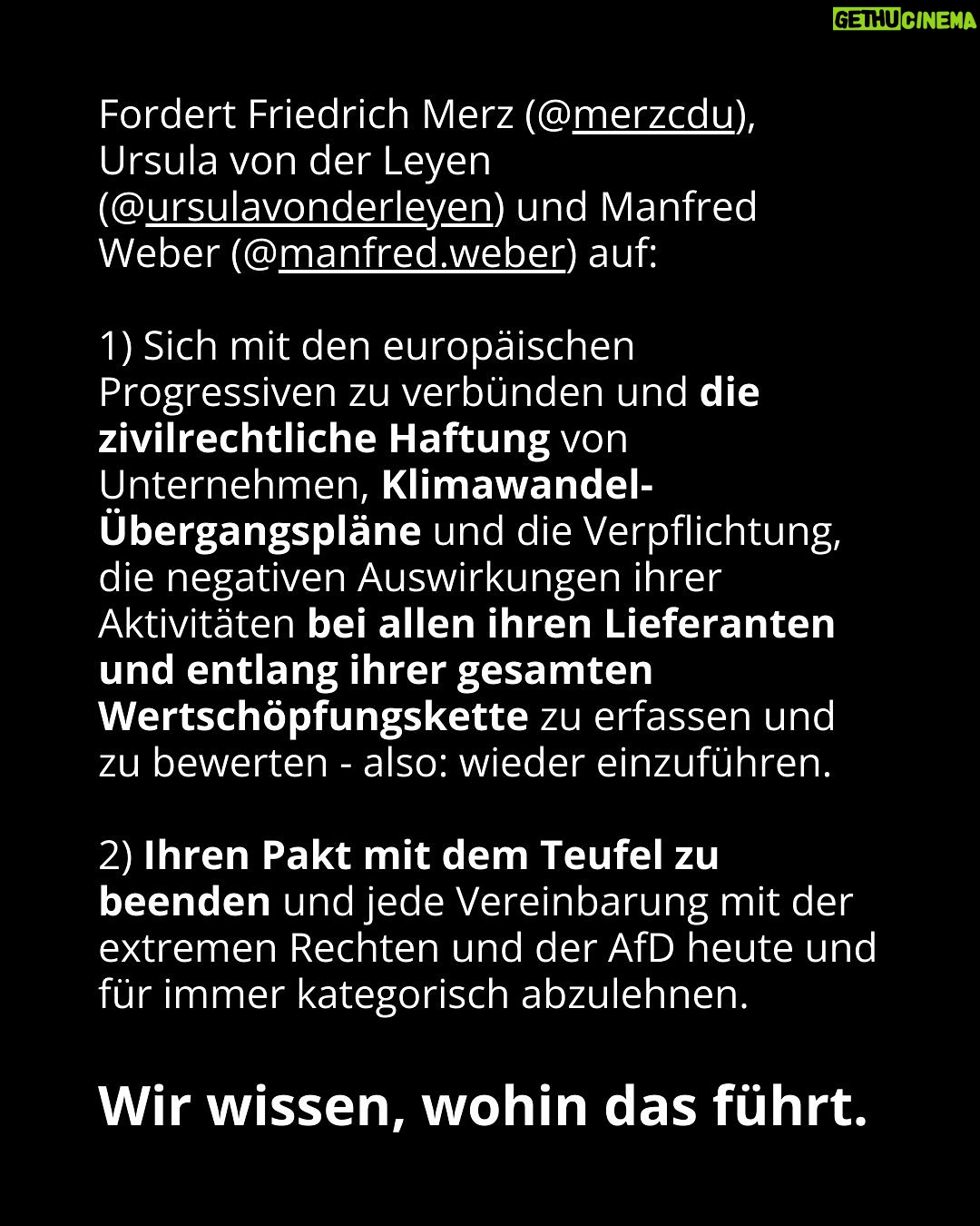 Luisa Neubauer - 60.5K Likes - Was gerade passiert, ist ungesehen in der Geschichte der Europäischen Union. Eine beispiellose Bedrohung  europäischen. Die Konservativen und die Rechtsextremen sind im Inbegriff, das, wofür Jahre und Jahrzehnte gekämpft wurde, einzureißen: demokratische Grundrechte, der Schutz des Planeten und unserer Gesundheit.
Sprich: die Grundpfeiler einer sicheren Zukunft. 
Es ist ein Wahnsinn. Lest bis zum Ende. Und dann lasst uns laut werden. An dieser Stelle ist Schlafwandeln keine Option.

Teilt diesen Post, taggt @bundeskanzler, @ursulavonderleyen und @manfred.weber und schreibt an eure EU-Abgeordneten vor Ort! ✊

 #WakeUpEU #Klimaschutz #Omnibus