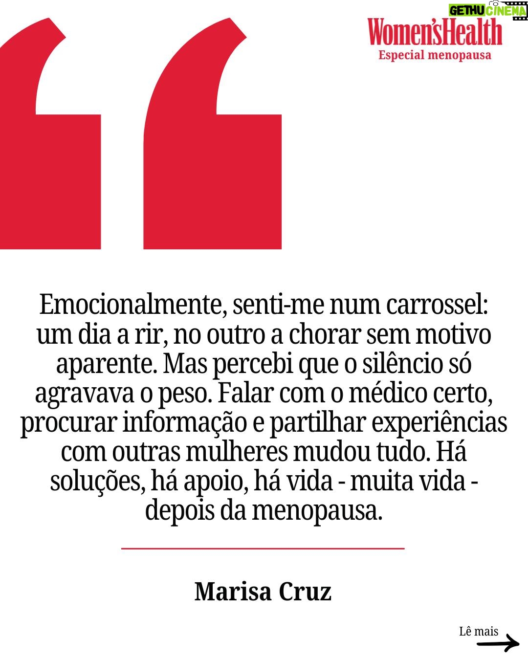 Marisa Cruz - 9K Likes - ESPECIAL MENOPAUSA - A nova revista Women's Health já chegou às bancas, com  10 páginas dedicadas à menopausa. São cinco artigos repletos de informação útil, prática e devidamente fundamentada por especialistas. Ao folhear as páginas, poderás também ler testemunhos de várias mulheres portuguesas, todas com diferentes vivências desta fase, que partilham agora contigo sem quaiquer tabus. 
A atriz e apresentadora @marisacruz partilhou os sintomas que sentiu, salientando que o silência agrava o peso e que falar abertamente sobre o tema é a chave. A crónica pode ser lida na revista. Obrigada, Marisa! ❤️

📷: Joanna Correia