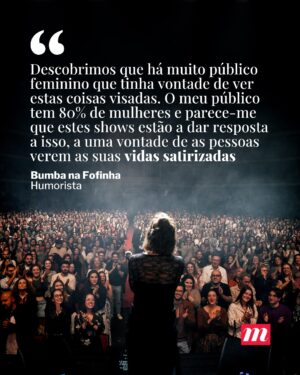 Marta Bateira Instagram - Nunca como agora houve tan­tas mulhe­res a subi­rem sozi­nhas aos gran­des pal­cos para faze­rem comé­dia. O público, essen­ci­al­mente femi­nino, tem res­pon­dido a pre­ceito: salas a reben­tar pelas cos­tu­ras, bilhe­tes que voam no espaço de minu­tos, uma lou­cura. A expli­ca­ção está tal­vez numa certa neces­si­dade de ver “mulhe­res a falar para mulhe­res”. Sendo que as redes soci­ais tam­bém aju­dam a expli­car o fenó­meno.

📸 1 a 3 - Rita Chantre 
  4 a 6 - Direitos Reservados 

Saiba mais através do link da bio. 

#nm #noticiasmagazine #humor #comedia #standup #humoristas #bumbanafofinha #inesap #beatrizgosta #jessicaathayde