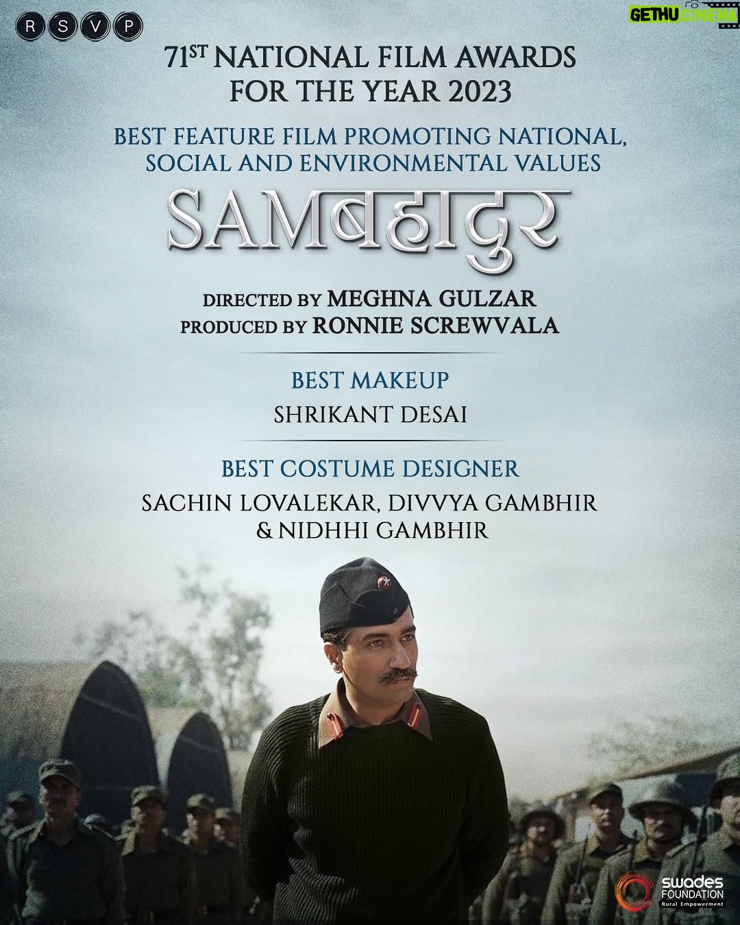 Meghna Gulzar - 3.7K Likes - We are thrilled, honoured, and deeply grateful.

#Samबहादुर was a story we were privileged to bring to life, a salute to the courage, wit, and unmatched legacy of Field Marshal Sam Manekshaw.

Winning a National Film Award is an unforgettable moment for all of us. Heartfelt congratulations to the incredible cast, crew, and everyone who stood by this journey. Thank you for believing in the story as much as we did ❤️

@meghnagulzar @vickykaushal09 @sanyamalhotra_ @fatimasanashaikh  @ronnie.screwvala @shrikantdesai_official #SachinLovelekar @divyangambhir @nidhigambhir @divyanidhhi @mohdzeeshanayyub @neerajkabi @realgovindnamdev @aanjjan.srivastav @bhavani.iyer @ishantanus @maharrshshah @zeemusiccompany #RSVPMovies