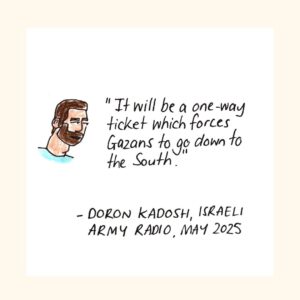 Mona Chalabi Instagram - You might have seen that Israel agreed to a tiny amount of aid for Gaza. But the trucks have been sitting at the border, blocked from entering until distributions areas are prepared. This is the next stage of ethnic cleansing. 

The carrot = food in the south for a population that has been starved for months. 
The stick = a ground invasion and more bombings in the north.  

To find out more, look at the incredible mapping work done by @forensicarchitecture