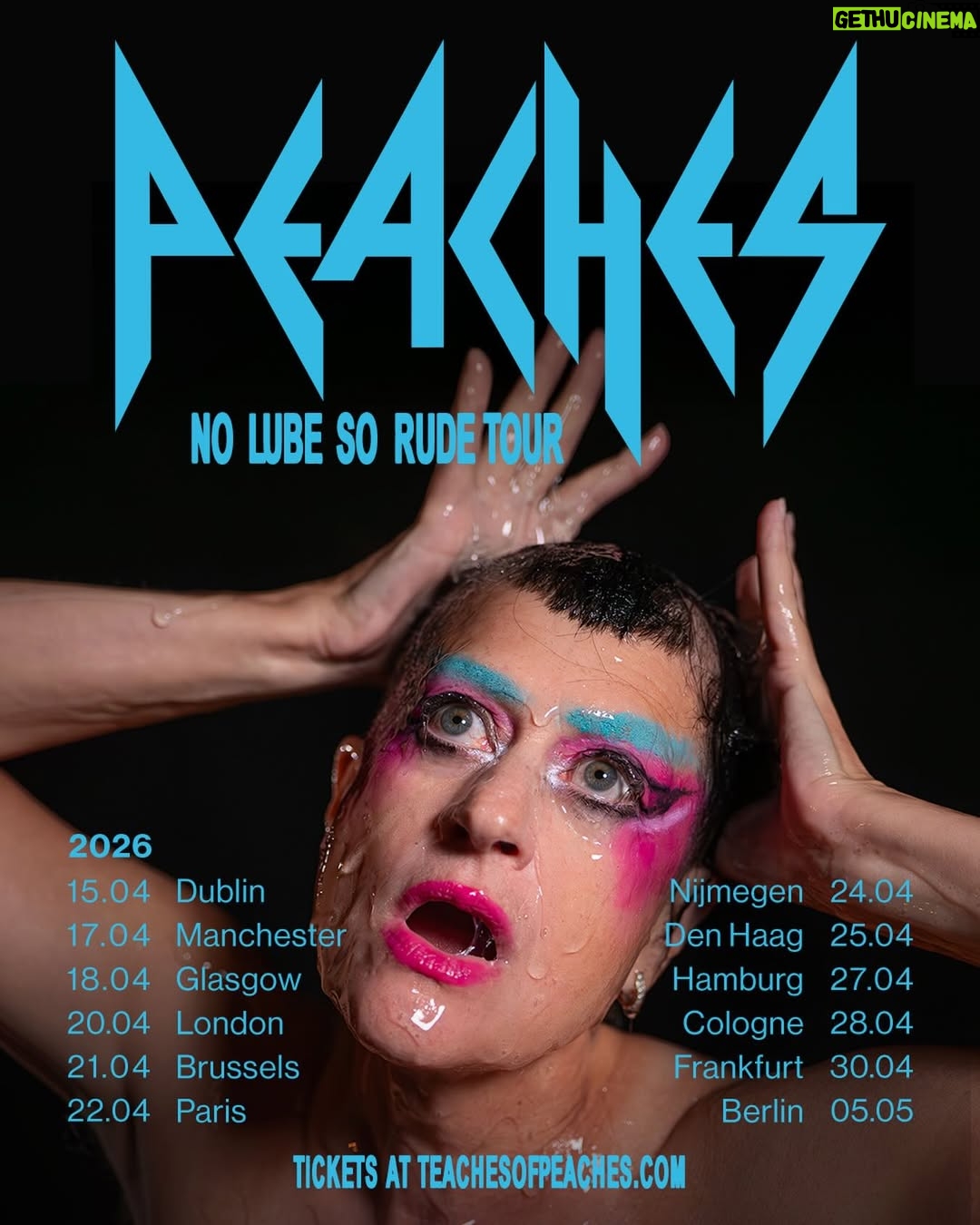 Peaches - 6K Likes - Hey Europe, LUBE UP! Things are about to get RUDE !! The NO LUBE SO RUDE tour lands in April. Expect full chaos. Head to teachesofpeaches.com for info & to snag your pre-sale access code.

Pre-sale begins Wednesday, Dec 3 at 10AM (Local)
General on sale Friday, Dec 5 at 10AM (Local)