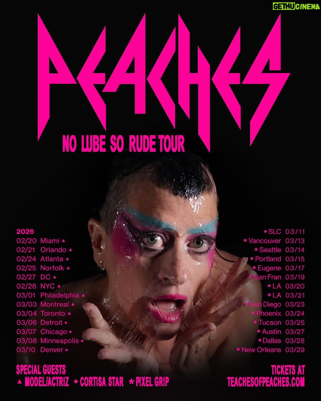 Peaches - 8.3K Likes - I CANNOT WAIT TO HAVE @_pixelgrip_ @cortisastar @modelactriz on the No Lube So Rude Tour kicking off Feb 2026. The bodies. The sweat. The chaos!! It’s gonna be filthy in the best way possible !!! 👅