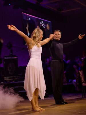 Rachel Riley Instagram - I was in proud wife mode on Saturday as @pashakovalev and @childrenwithcanceruk ambassador and survivor Eve opened their annual fundraising gala with the most beautiful dance representing her battle with the disease.

Scroll through to watch it, there was barely a dry eye in the house and Eve absolutely smashed it!

Survival rates have gone from 2 in 10 decades ago, to more than 8 in 10 now thanks to improvements in treatment, with more to come thanks to the generosity of donors at events like these funding lifesaving research. 

So lovely to see the gorgeous @sophieellisbextor entertaining the crowd too. Such a great night!