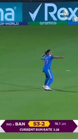 Radha Yadav Instagram - A bullet throw from Radha Yadav catches Nigar Sultana Joty short of the crease 🎯
Watch #INDvBAN LIVE in your region, #CWC25 broadcast details in the link in our bio 📺
