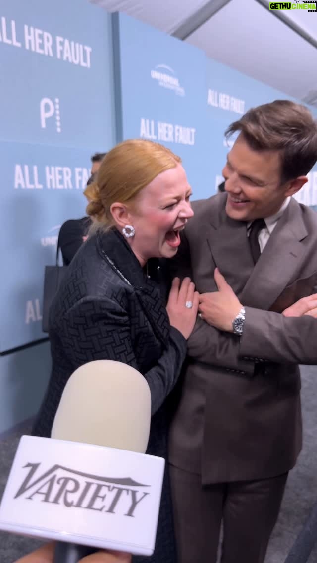 Sarah Snook - 8.1K Likes - Sarah Snook breaks down laughing mid-interview on the “All Her Fault” red carpet after she overhears Jake Lacy learn that she said he’s the least likely person she’d trust with a secret.

Jake was mildly hurt by the remark. Only mildly.

#sarahsnook #jakelacy #allherfault #succession #tv