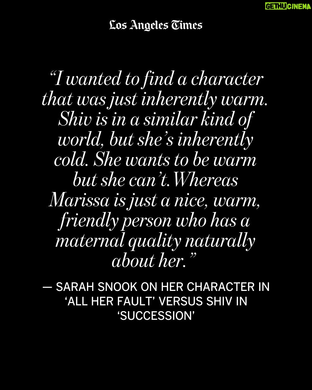 Sarah Snook - 16.8K Likes - #AllHerFault is a twisty eight-episode thriller on @Peacock about a missing child with some gasp-worthy moments that takes its depiction of motherhood — and the blame women place on themselves when something goes awry — very seriously. The title is not exactly accurate as it applies to Marissa, @sarah_snook’s character, the mother of the missing child, or Jenny, played by @dakotafanning, the other parent unwittingly drawn into this nightmare scenario.

“It cannot be just her fault, that’s just not possible,” Snook says. “We explore what the mental load is oftentimes for women to take on in a parenting role.”

Read more about what drew Snook and Fanning to the roles and their preparation at @latimes_entertainment’s bio.

📸: @victoriawill / For The Times
