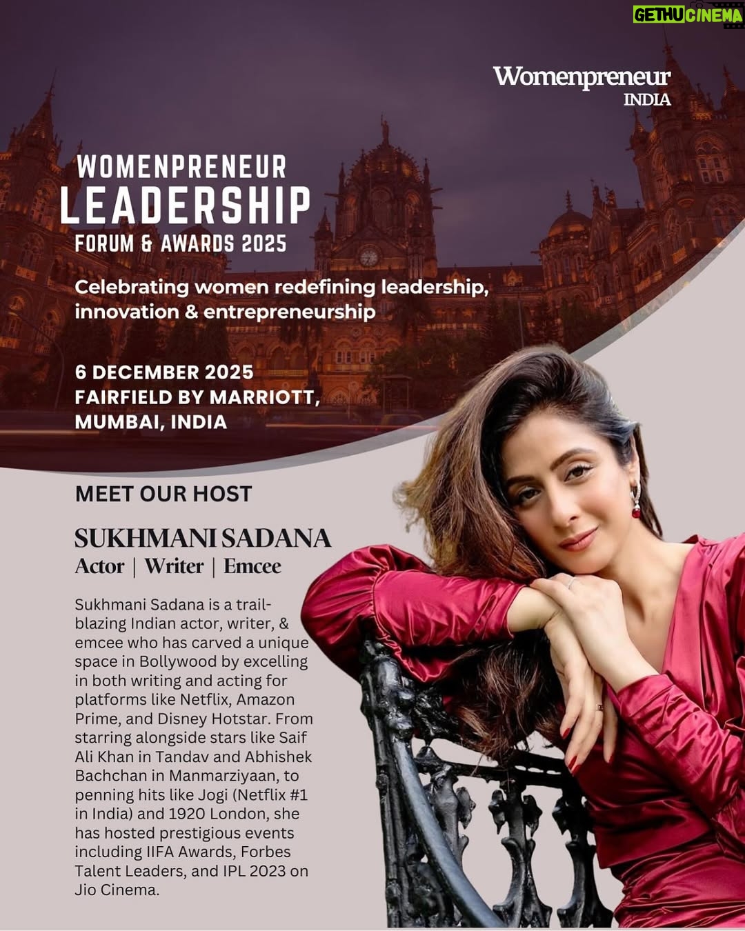 Sukhmani Sadana - 1.7K Likes - Meet Our Host Sukhmani Sadana- She is one of the rare talents redefining versatility in Indian entertainment.

An accomplished actor, writer and emcee, she has made her mark across Netflix, Amazon Prime and Disney Hotstar — starring in Tandav with Saif Ali Khan, Manmarziyaan with Abhishek Bachchan, and writing acclaimed projects like Jogi and 1920 London.

From hosting IIFA Awards to Forbes Talent Leaders and IPL 2023 on JioCinema, she continues to shine across every stage she steps on. A true multi-hyphenate shaping modern storytelling and performance.

Excited to see you at the event!