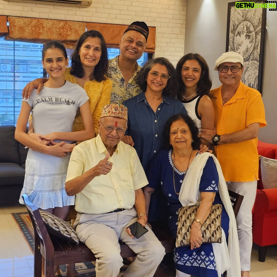 Supriya Pilgaonkar - 49.6K Likes - My whole world and my biggest blessing 🌍 
A special day celebrating both my biggest inspirations.
Ajoba's 87th birthday & also Father's Day ♥️🧿

Gifted both of them photo books of their beautiful moments made by @odd.giraffe 🥹