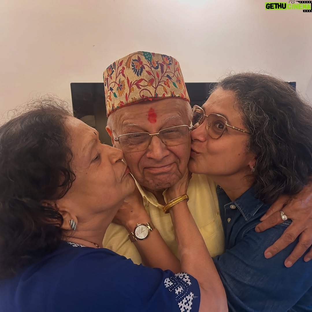 Supriya Pilgaonkar - 49.6K Likes - My whole world and my biggest blessing 🌍 
A special day celebrating both my biggest inspirations.
Ajoba's 87th birthday & also Father's Day ♥️🧿

Gifted both of them photo books of their beautiful moments made by @odd.giraffe 🥹