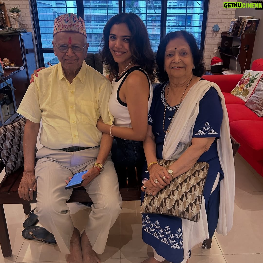 Supriya Pilgaonkar - 49.6K Likes - My whole world and my biggest blessing 🌍 
A special day celebrating both my biggest inspirations.
Ajoba's 87th birthday & also Father's Day ♥️🧿

Gifted both of them photo books of their beautiful moments made by @odd.giraffe 🥹