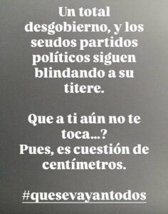 Tatiana Astengo Instagram - Permitimos que hicieran los que les da la gana. 
La desidia nos pasa factura ahora. 
No eres transportista, pero puedes ser pasajero. 
No eres cantante pero puedes ser publico. 
No tienes un negocio pero puedes ser cliente. 
No vas al colegio pero tu hijo, sobrino, nieto van. 
No viajas en bus pero pasas a su costado en tu auto. 
No vas por zonas picantes pero los delincuentes si se mueven… y así…

La indiferencia terminará aislándote del mundo y solo sobrevivirás en una burbuja que ya queda pequeña y sin aire limpio… 
O te sumas a los pedidos o solo sobrevivirás en una jaula de “oro” 

#quesevayantodos