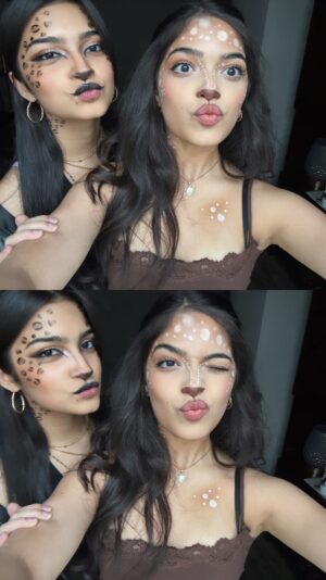 Aadupedia Instagram - Sharma gayi main 🙈😊 Dressed up as a deer 🦌 and a cheetah 🐆 for halloween! Which one is your fav? ❤️
-

-

-

-

-

[ Halloween, Makeup, Deer Makeup, Cheetah Makeup, Sisters, Trend, Dance, Algorithm ]