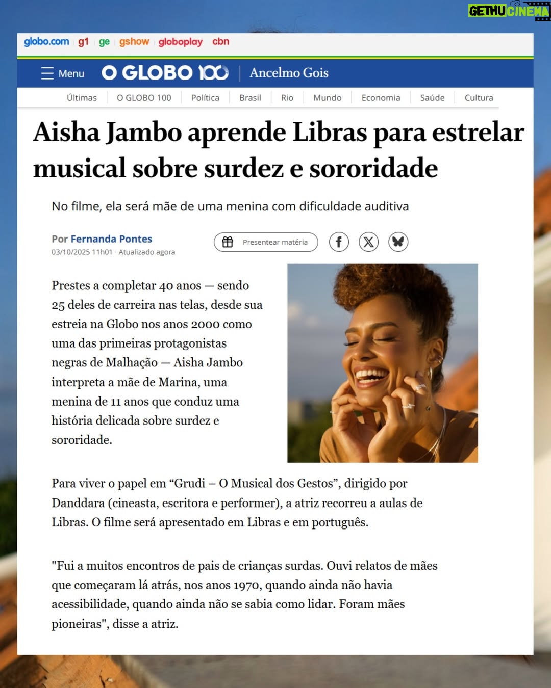 Aisha Jambo - 1.2K Likes - novidades chegando, um projeto especial. O cinema serve como uma poderosa ferramenta de impacto social ao conscientizar o público sobre questões importantes, promover a empatia e a tolerância, e inspirar mudanças e ações. Vem aí “Grudi – O Musical dos Gestos”. 

Obrigada, @ancelmorgois e @jornaloglobo.

📸 @johnnereal