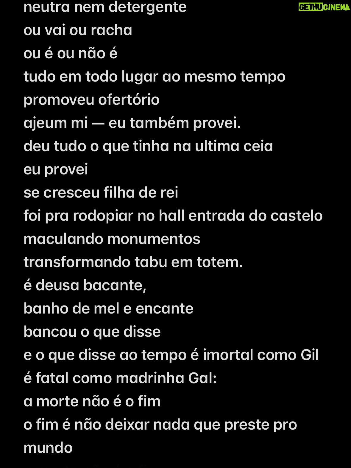 Alice Carvalho - 34.8K Likes - parece que o tempo vai passando e a luta é mesmo contra minha própria memoria
há 5 meses vivendo em estado de alerta
catando audios e fotos como mensagens na garrafa
não posso esquecer nada
nao quero esquecer, nao é justo esquecer
sendo que esquecer das coisas é tao importante quanto lembrar, eu sei disso. se a gente nao esquecesse de algumas coisas, cada um precisaria ter 2 cabeças
mas essa é a luta de quem tem saudade
ontem a noite, ainda mexida com o WME, so consegui dormir as 4 da manhã pq lembrei de coisas que ainda não tinha lembrado, como quando voce mandava fabinho deixar coisas pra mim lá em casa
como quando você me mandou pra festa com francisco, nao sei se pra ele cuidar de mim ou eu cuidar dele
sua carinha descendo as escadas antes de irmos ao show de seu pai e nossa cumplicidade ali, ajeitando a almofadinha
um churrasco na sua casa e eu lhe mostrei um mc la de natal, e você gritou “é minha musica!!!!” seguida da melhor gargalhada do mundo (a musica era ‘bisexual’ kkkkk)
você sentada na sarjeta em botafogo, tomando uma cervejinha pela primeira vez de novo (e achando bom-ruim)

o luto é de tanta gente mas é travessia solitária
calundu de um, solfejo agonia
não tem no mundo quem entenda essa falta
podem saber, mas não vão entender
cada falta é de um jeito

queria uma IA que freiasse o esquecimento inevitavel das coisas
uma tecnologia de recriação de memorias tambem
talvez escrever seja isso, uma tecnologia
unir um monte de letras com o desejo de um mundo ideal
inventar esquecimentos melhores

no meu mundo ideal eu ouço você me chamar de “lilica” e eu acordo e é verdade

ainda bem que meu apelido ainda nao esqueci

🤎