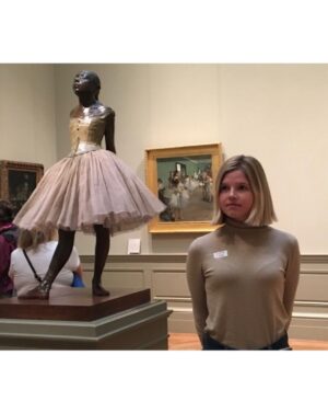 Ana Mulvoy-Ten Instagram - Standing alongside The Artist himself - Degas @officialdannyhuston. The second photo is one my mum sent me: seven years ago at The Met, standing next to this Degas ballerina - little did I know I’d be stepping into this world seven years later 🖼️🎥🩰