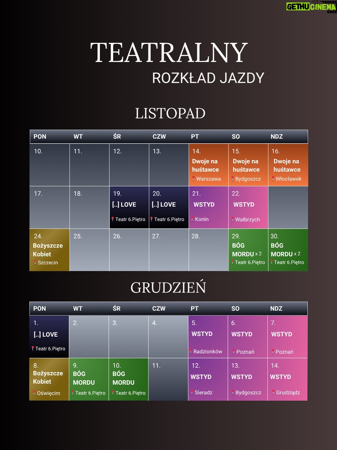 Anna Dereszowska - 574 Likes - Teatralny rozkład jazdy na dwa ostatnie miesiące 2025 prezentuje się u mnie następująco:

„DWOJE NA HUŚTAWCE”
14.11. Warszawa
15.11. Bydgoszcz
16.11. Włocławek

„WSTYD”
21.11. Konin
22.11. Wałbrzych
5.12. Radzionków
6.12. Poznań
7.12. Poznań
12.12. Sieradz
13.12. Bydgoszcz
14.12. Grudziądz

„BOŻYSZCZE KOBIET”
24.11. Szczecin
8.12. Oświęcim

„BÓG MORDU” @teatr6pietro 
29.11. x 2
30.11. x 2
9.12.
10.12.

„[THINGS WE DO FOR] LOVE” @teatr6pietro 
19.11.
20.11
1.12.

Do zobaczenia w Teatrze! ❤️‍🔥🎭

_____
pc @dominikajeziorska