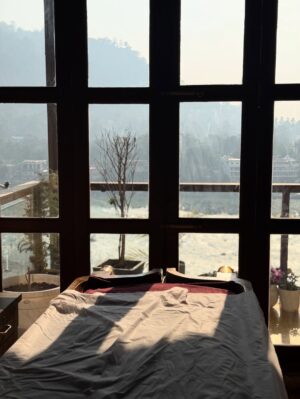 Anumol Instagram - A day at Rishikesh 🤍
I didn’t explore much. I came here with no plans just decided to surrender to the place and flow with it. Got to know the city a little, experienced the Ganga, and honestly, that felt enough.
Also, had to mention @bemonkwellness food was amazing, so tasty, and felt like proper healthy food so delicious and looked nice also. So comforting. Loved the ambience, the yoga space, and especially that balcony at the restaurant area🤍 
This day is only about roaming around Lakshman Jula, Ganga Arti and food.. Back home play time with Kanmani, Leela & Yoda. Some places don’t need rushing. They just need feeling 🧿
