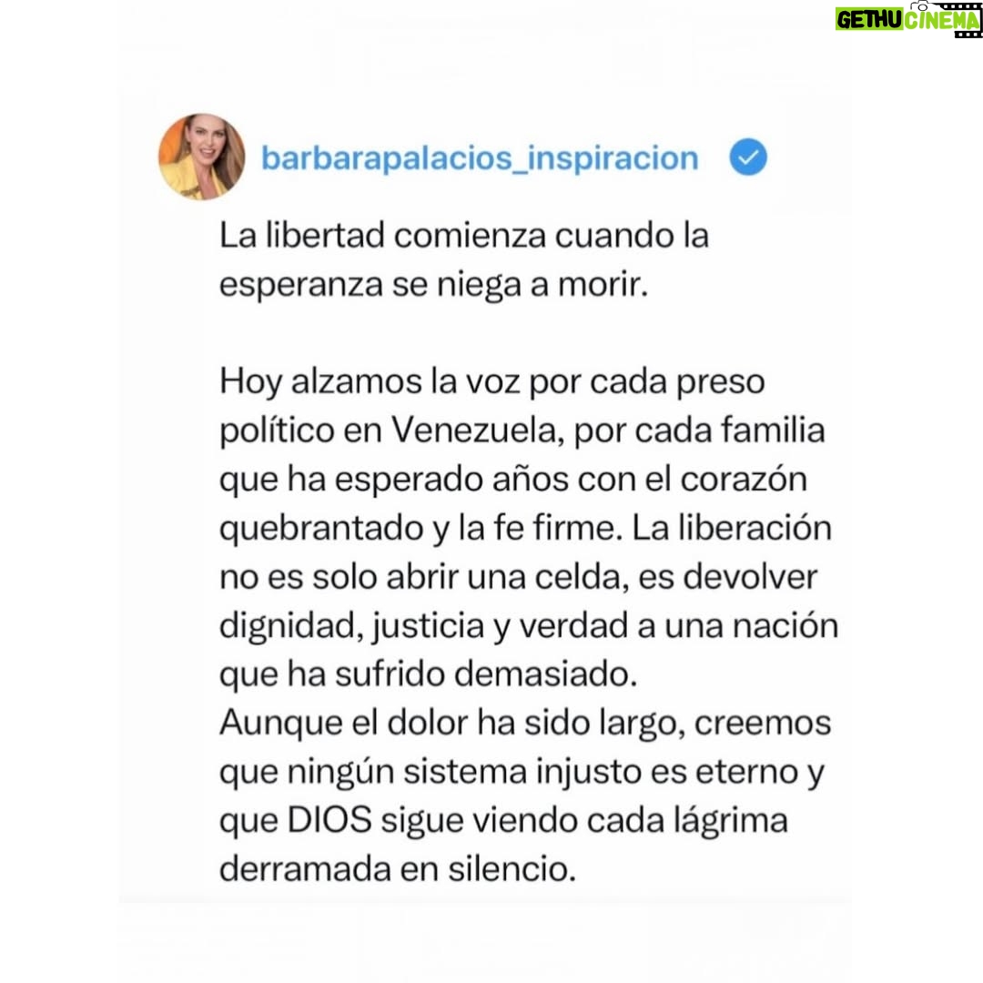 Bárbara Palacios - 3 Likes - Hoy alzamos la voz por cada preso político en Venezuela, por cada familia que ha esperado años con el corazón quebrantado y la fe firme. La liberación no es solo abrir una celda, es devolver dignidad, justicia y verdad a una nación que ha sufrido demasiado.

Aunque el dolor ha sido largo, creemos que ningún sistema injusto es eterno y que DIOS sigue viendo cada lágrima derramada en silencio.

“Jehová es el que hace justicia Y derecho a todos los que padecen violencia.”
‭‭Salmos‬ ‭103‬:‭6‬ ‭ (RVR1960‬‬)

“Porque yo sé los pensamientos que tengo acerca de vosotros, dice Jehová,
pensamientos de paz, y no de mal,
para daros el fin que esperáis.”
Jeremías 29:11(RVR1960)

“La justicia engrandece a la nación;
mas el pecado es afrenta de las naciones.”
Proverbios 14:34 (RVR1960)

Que la liberación de los presos políticos sea el principio de un cambio verdadero. Oremos para que Venezuela vuelva a levantarse sobre la verdad, la justicia y la libertad.

Seguimos creyendo, seguimos orando y seguimos esperando, porque DIOS nunca llega tarde y la historia aún no ha terminado. 🇻🇪🙏🏻❤️

#liberenatodoslospresospolíticos #PresosPoliticos #VenezuelaLibre #Venezuela #GloriaADios