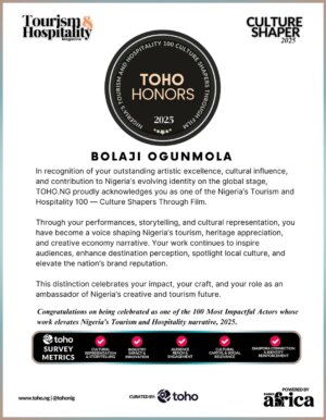Bolaji Ogunmola Instagram - We honor and celebrate Bolaji Ogunmola as one of Nigeria’s Culture Shapers Through Film 2025.

In recognition of her outstanding artistic excellence, cultural influence, and contribution to Nigeria’s evolving identity on the global stage, TOHO.NG proudly acknowledges her as part of Nigeria’s Tourism & Hospitality 100 — Culture Shapers Through Film.

Her impact continues to enrich storytelling, inspire audiences, drive cultural visibility, and support the growth of Nigeria’s creative economy.

Congratulations once again. Your work continues to shape narratives, build identity, and strengthen Nigeria’s cultural footprint.

#TOHOHONORS 
Sponsor by: 
@Merindinloguntravels 
#TOHOHONORS2025
#Toho100