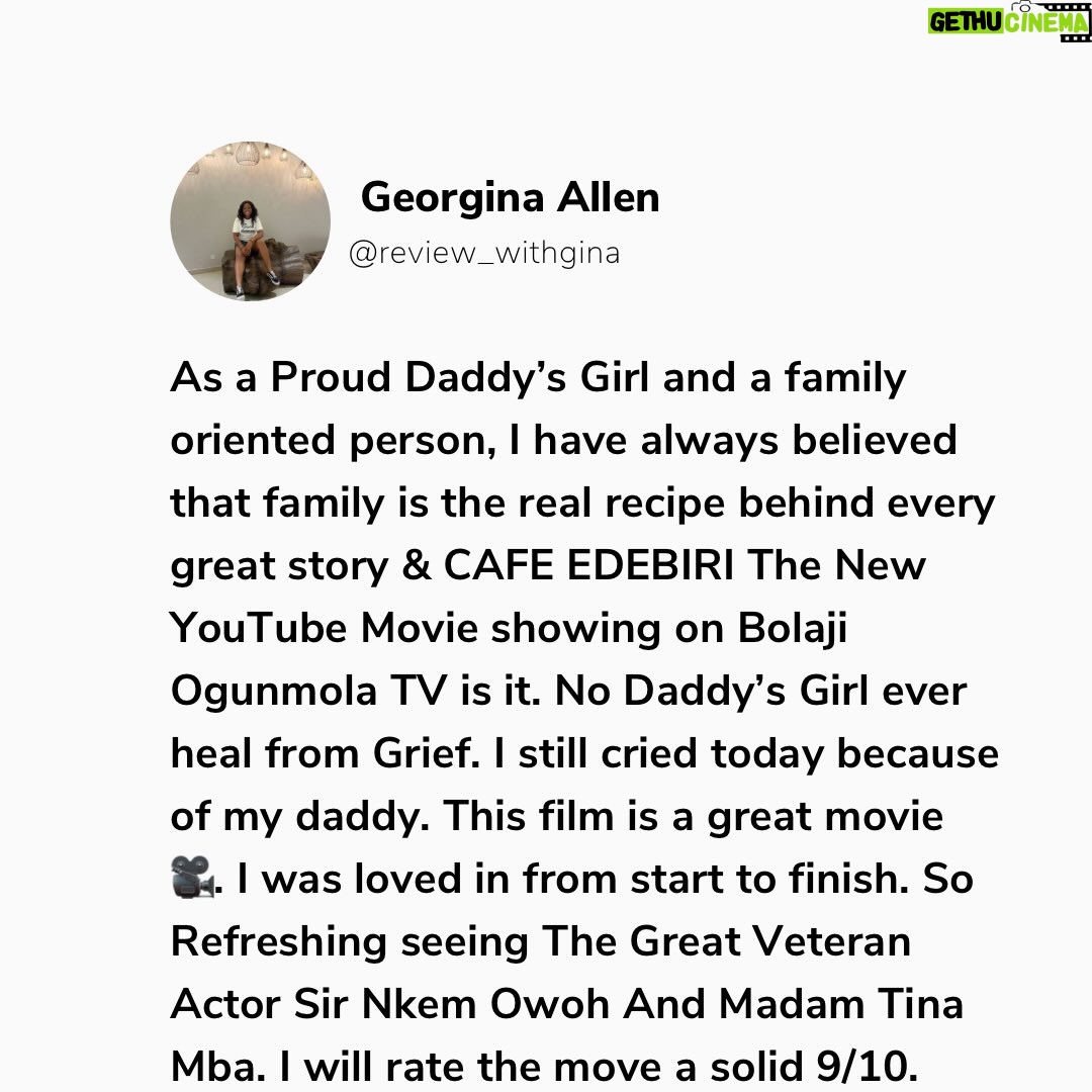Bolaji Ogunmola - 642 Likes - Youtube Movie 🎥 Review 

Title: CAFE EDEBIRI

Rating: 9/10

Cafe Edebiri is a movie that that talks about Family Legacy. A must watch movie and I highly recommend for everyone to watch. Everything about the movie 🎥 was so real. 

My love for good stories started with my daddy, he is also a Proud Nollywood lover and Cafe Edebiri reminded me why family legacies matter.

If you know me, you will know I am a daddy’s girl to the core, so any movie about family legacy. Trust me I am locked in👌🤌. 

Family Legacy, Bitterness, Emotions, Forgiveness, Identity & purpose, Love communicated through food is the heart of Cafe Edebiri. 

The movie 🎥 is a beautifully layered film that blends culture, family centered drama, culinary passion and generational stories into one heartfelt experience.

This movie takes us into a family owned cafe  where recipes are not just food but they are MEMORIES , you can also call it battles, love letters, friendship and sometimes SCARS. 

I enjoyed the stellar performances from our great veteran actors @osuofia_nkemowoh and @tinamba1 They interpreted their roles so well as always. Their chemistry feels authentic, like a real Nigerian family with flaws and big hearts.

It was refreshing watching @osuofia_nkemowoh You brought a steady emotional fatherly presence to the film. Jisie Ike Papa. God bless you Sir. May you live long in good health of mind and body always. 

A great production. The cast and crew did a fantastic job. Oh no perfect casting 🤌. 

My Favourite Character is Imade @bolajiogunmola Your acting prowess🔥🔥🔥🔥🔥🔥🔥🔥🔥. You Dey Act abeg. Well done ❤️ and God bless you for telling this story 🤌👌. 

Let me know in the comment section if you have watched Cafe Edebiri. Tell me your view about the movie, your favourite character and your favourite scene 🎬. Drop it in the comment below 👇. 

Follow @reviews_withgina for movie 🎥 reviews and YouTube movie recommendations 👌. Thank you. 💙

Love From Reviews with Gina ✍️
.
.
.
.
.
.
#reviewswithgina #reviewswithginatv #youtubemoviereview #youtubemovie #explore #youtubemovie #youtubemovierecommendation #nollywoodmovie #bolajiogunmolatv #cafeedebiri