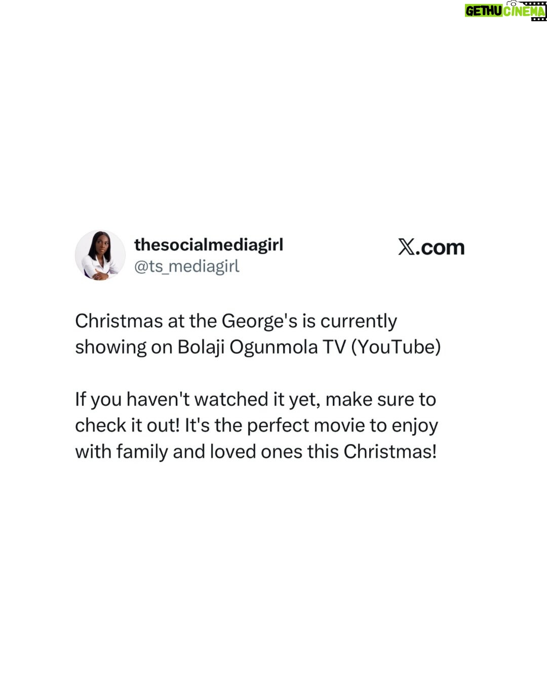 Bolaji Ogunmola - 661 Likes - Christmas Movie Recommendation : 🎬

If you’re looking for a good movie to enjoy with family this season, check out Christmas at the George’s!

It’s currently showing on YouTube (Bolaji Ogunmola TV)

Merry Christmas in advance !🌲🌲

Casts : @bolajiogunmola @imisiofficial @marthaehinome @kanagajnr @thekayodejnr @darasimiogbetah

#christamasmovies #movierecommendation #chritmaseve