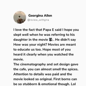 Bolaji Ogunmola Instagram - Youtube Movie 🎥 Review 

Title: CAFE EDEBIRI

Rating: 9/10

Cafe Edebiri is a movie that that talks about Family Legacy. A must watch movie and I highly recommend for everyone to watch. Everything about the movie 🎥 was so real. 

My love for good stories started with my daddy, he is also a Proud Nollywood lover and Cafe Edebiri reminded me why family legacies matter.

If you know me, you will know I am a daddy’s girl to the core, so any movie about family legacy. Trust me I am locked in👌🤌. 

Family Legacy, Bitterness, Emotions, Forgiveness, Identity & purpose, Love communicated through food is the heart of Cafe Edebiri. 

The movie 🎥 is a beautifully layered film that blends culture, family centered drama, culinary passion and generational stories into one heartfelt experience.

This movie takes us into a family owned cafe  where recipes are not just food but they are MEMORIES , you can also call it battles, love letters, friendship and sometimes SCARS. 

I enjoyed the stellar performances from our great veteran actors @osuofia_nkemowoh and @tinamba1 They interpreted their roles so well as always. Their chemistry feels authentic, like a real Nigerian family with flaws and big hearts.

It was refreshing watching @osuofia_nkemowoh You brought a steady emotional fatherly presence to the film. Jisie Ike Papa. God bless you Sir. May you live long in good health of mind and body always. 

A great production. The cast and crew did a fantastic job. Oh no perfect casting 🤌. 

My Favourite Character is Imade @bolajiogunmola Your acting prowess🔥🔥🔥🔥🔥🔥🔥🔥🔥. You Dey Act abeg. Well done ❤️ and God bless you for telling this story 🤌👌. 

Let me know in the comment section if you have watched Cafe Edebiri. Tell me your view about the movie, your favourite character and your favourite scene 🎬. Drop it in the comment below 👇. 

Follow @reviews_withgina for movie 🎥 reviews and YouTube movie recommendations 👌. Thank you. 💙

Love From Reviews with Gina ✍️
.
.
.
.
.
.
#reviewswithgina #reviewswithginatv #youtubemoviereview #youtubemovie #explore #youtubemovie #youtubemovierecommendation #nollywoodmovie #bolajiogunmolatv #cafeedebiri