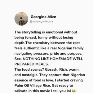 Bolaji Ogunmola Instagram - Youtube Movie 🎥 Review 

Title: CAFE EDEBIRI

Rating: 9/10

Cafe Edebiri is a movie that that talks about Family Legacy. A must watch movie and I highly recommend for everyone to watch. Everything about the movie 🎥 was so real. 

My love for good stories started with my daddy, he is also a Proud Nollywood lover and Cafe Edebiri reminded me why family legacies matter.

If you know me, you will know I am a daddy’s girl to the core, so any movie about family legacy. Trust me I am locked in👌🤌. 

Family Legacy, Bitterness, Emotions, Forgiveness, Identity & purpose, Love communicated through food is the heart of Cafe Edebiri. 

The movie 🎥 is a beautifully layered film that blends culture, family centered drama, culinary passion and generational stories into one heartfelt experience.

This movie takes us into a family owned cafe  where recipes are not just food but they are MEMORIES , you can also call it battles, love letters, friendship and sometimes SCARS. 

I enjoyed the stellar performances from our great veteran actors @osuofia_nkemowoh and @tinamba1 They interpreted their roles so well as always. Their chemistry feels authentic, like a real Nigerian family with flaws and big hearts.

It was refreshing watching @osuofia_nkemowoh You brought a steady emotional fatherly presence to the film. Jisie Ike Papa. God bless you Sir. May you live long in good health of mind and body always. 

A great production. The cast and crew did a fantastic job. Oh no perfect casting 🤌. 

My Favourite Character is Imade @bolajiogunmola Your acting prowess🔥🔥🔥🔥🔥🔥🔥🔥🔥. You Dey Act abeg. Well done ❤️ and God bless you for telling this story 🤌👌. 

Let me know in the comment section if you have watched Cafe Edebiri. Tell me your view about the movie, your favourite character and your favourite scene 🎬. Drop it in the comment below 👇. 

Follow @reviews_withgina for movie 🎥 reviews and YouTube movie recommendations 👌. Thank you. 💙

Love From Reviews with Gina ✍️
.
.
.
.
.
.
#reviewswithgina #reviewswithginatv #youtubemoviereview #youtubemovie #explore #youtubemovie #youtubemovierecommendation #nollywoodmovie #bolajiogunmolatv #cafeedebiri