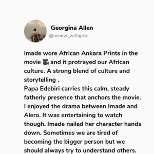 Bolaji Ogunmola Instagram - Youtube Movie 🎥 Review 

Title: CAFE EDEBIRI

Rating: 9/10

Cafe Edebiri is a movie that that talks about Family Legacy. A must watch movie and I highly recommend for everyone to watch. Everything about the movie 🎥 was so real. 

My love for good stories started with my daddy, he is also a Proud Nollywood lover and Cafe Edebiri reminded me why family legacies matter.

If you know me, you will know I am a daddy’s girl to the core, so any movie about family legacy. Trust me I am locked in👌🤌. 

Family Legacy, Bitterness, Emotions, Forgiveness, Identity & purpose, Love communicated through food is the heart of Cafe Edebiri. 

The movie 🎥 is a beautifully layered film that blends culture, family centered drama, culinary passion and generational stories into one heartfelt experience.

This movie takes us into a family owned cafe  where recipes are not just food but they are MEMORIES , you can also call it battles, love letters, friendship and sometimes SCARS. 

I enjoyed the stellar performances from our great veteran actors @osuofia_nkemowoh and @tinamba1 They interpreted their roles so well as always. Their chemistry feels authentic, like a real Nigerian family with flaws and big hearts.

It was refreshing watching @osuofia_nkemowoh You brought a steady emotional fatherly presence to the film. Jisie Ike Papa. God bless you Sir. May you live long in good health of mind and body always. 

A great production. The cast and crew did a fantastic job. Oh no perfect casting 🤌. 

My Favourite Character is Imade @bolajiogunmola Your acting prowess🔥🔥🔥🔥🔥🔥🔥🔥🔥. You Dey Act abeg. Well done ❤️ and God bless you for telling this story 🤌👌. 

Let me know in the comment section if you have watched Cafe Edebiri. Tell me your view about the movie, your favourite character and your favourite scene 🎬. Drop it in the comment below 👇. 

Follow @reviews_withgina for movie 🎥 reviews and YouTube movie recommendations 👌. Thank you. 💙

Love From Reviews with Gina ✍️
.
.
.
.
.
.
#reviewswithgina #reviewswithginatv #youtubemoviereview #youtubemovie #explore #youtubemovie #youtubemovierecommendation #nollywoodmovie #bolajiogunmolatv #cafeedebiri