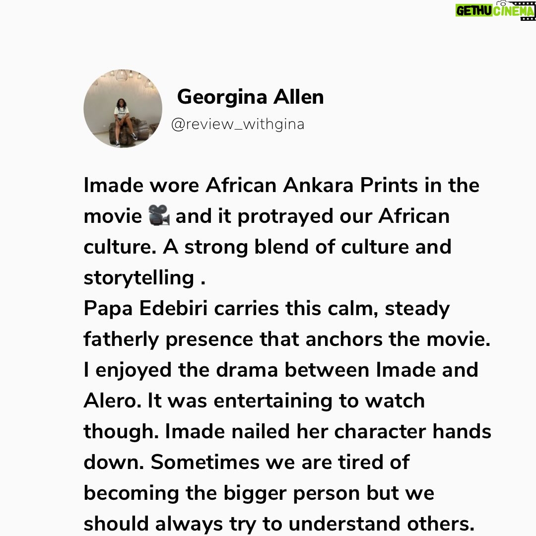 Bolaji Ogunmola - 642 Likes - Youtube Movie 🎥 Review 

Title: CAFE EDEBIRI

Rating: 9/10

Cafe Edebiri is a movie that that talks about Family Legacy. A must watch movie and I highly recommend for everyone to watch. Everything about the movie 🎥 was so real. 

My love for good stories started with my daddy, he is also a Proud Nollywood lover and Cafe Edebiri reminded me why family legacies matter.

If you know me, you will know I am a daddy’s girl to the core, so any movie about family legacy. Trust me I am locked in👌🤌. 

Family Legacy, Bitterness, Emotions, Forgiveness, Identity & purpose, Love communicated through food is the heart of Cafe Edebiri. 

The movie 🎥 is a beautifully layered film that blends culture, family centered drama, culinary passion and generational stories into one heartfelt experience.

This movie takes us into a family owned cafe  where recipes are not just food but they are MEMORIES , you can also call it battles, love letters, friendship and sometimes SCARS. 

I enjoyed the stellar performances from our great veteran actors @osuofia_nkemowoh and @tinamba1 They interpreted their roles so well as always. Their chemistry feels authentic, like a real Nigerian family with flaws and big hearts.

It was refreshing watching @osuofia_nkemowoh You brought a steady emotional fatherly presence to the film. Jisie Ike Papa. God bless you Sir. May you live long in good health of mind and body always. 

A great production. The cast and crew did a fantastic job. Oh no perfect casting 🤌. 

My Favourite Character is Imade @bolajiogunmola Your acting prowess🔥🔥🔥🔥🔥🔥🔥🔥🔥. You Dey Act abeg. Well done ❤️ and God bless you for telling this story 🤌👌. 

Let me know in the comment section if you have watched Cafe Edebiri. Tell me your view about the movie, your favourite character and your favourite scene 🎬. Drop it in the comment below 👇. 

Follow @reviews_withgina for movie 🎥 reviews and YouTube movie recommendations 👌. Thank you. 💙

Love From Reviews with Gina ✍️
.
.
.
.
.
.
#reviewswithgina #reviewswithginatv #youtubemoviereview #youtubemovie #explore #youtubemovie #youtubemovierecommendation #nollywoodmovie #bolajiogunmolatv #cafeedebiri