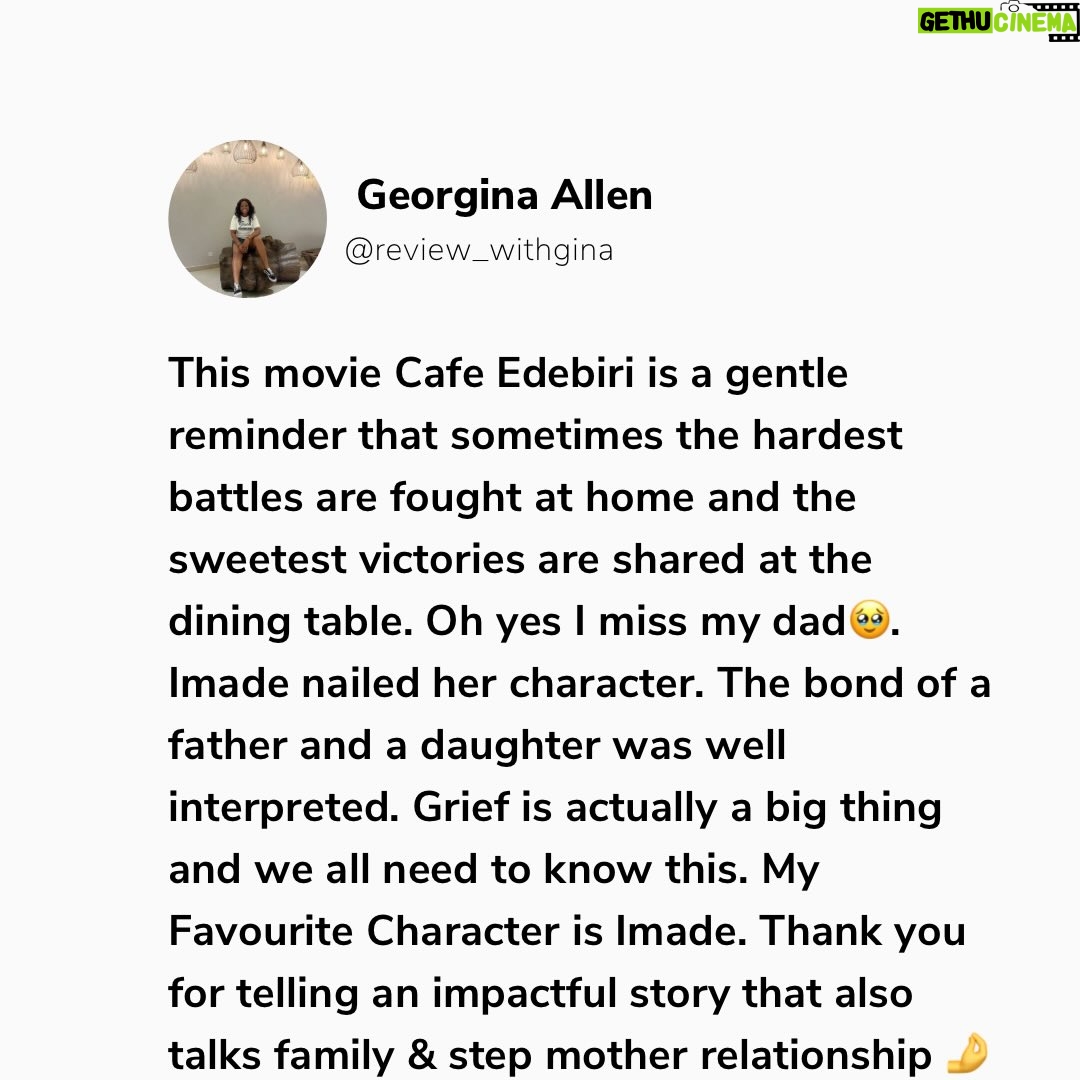Bolaji Ogunmola - 642 Likes - Youtube Movie 🎥 Review 

Title: CAFE EDEBIRI

Rating: 9/10

Cafe Edebiri is a movie that that talks about Family Legacy. A must watch movie and I highly recommend for everyone to watch. Everything about the movie 🎥 was so real. 

My love for good stories started with my daddy, he is also a Proud Nollywood lover and Cafe Edebiri reminded me why family legacies matter.

If you know me, you will know I am a daddy’s girl to the core, so any movie about family legacy. Trust me I am locked in👌🤌. 

Family Legacy, Bitterness, Emotions, Forgiveness, Identity & purpose, Love communicated through food is the heart of Cafe Edebiri. 

The movie 🎥 is a beautifully layered film that blends culture, family centered drama, culinary passion and generational stories into one heartfelt experience.

This movie takes us into a family owned cafe  where recipes are not just food but they are MEMORIES , you can also call it battles, love letters, friendship and sometimes SCARS. 

I enjoyed the stellar performances from our great veteran actors @osuofia_nkemowoh and @tinamba1 They interpreted their roles so well as always. Their chemistry feels authentic, like a real Nigerian family with flaws and big hearts.

It was refreshing watching @osuofia_nkemowoh You brought a steady emotional fatherly presence to the film. Jisie Ike Papa. God bless you Sir. May you live long in good health of mind and body always. 

A great production. The cast and crew did a fantastic job. Oh no perfect casting 🤌. 

My Favourite Character is Imade @bolajiogunmola Your acting prowess🔥🔥🔥🔥🔥🔥🔥🔥🔥. You Dey Act abeg. Well done ❤️ and God bless you for telling this story 🤌👌. 

Let me know in the comment section if you have watched Cafe Edebiri. Tell me your view about the movie, your favourite character and your favourite scene 🎬. Drop it in the comment below 👇. 

Follow @reviews_withgina for movie 🎥 reviews and YouTube movie recommendations 👌. Thank you. 💙

Love From Reviews with Gina ✍️
.
.
.
.
.
.
#reviewswithgina #reviewswithginatv #youtubemoviereview #youtubemovie #explore #youtubemovie #youtubemovierecommendation #nollywoodmovie #bolajiogunmolatv #cafeedebiri
