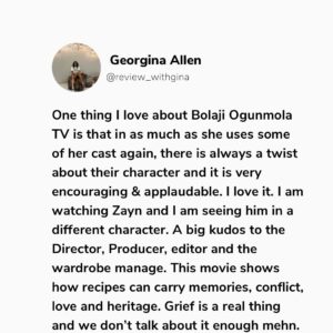 Bolaji Ogunmola Instagram - Youtube Movie 🎥 Review 

Title: CAFE EDEBIRI

Rating: 9/10

Cafe Edebiri is a movie that that talks about Family Legacy. A must watch movie and I highly recommend for everyone to watch. Everything about the movie 🎥 was so real. 

My love for good stories started with my daddy, he is also a Proud Nollywood lover and Cafe Edebiri reminded me why family legacies matter.

If you know me, you will know I am a daddy’s girl to the core, so any movie about family legacy. Trust me I am locked in👌🤌. 

Family Legacy, Bitterness, Emotions, Forgiveness, Identity & purpose, Love communicated through food is the heart of Cafe Edebiri. 

The movie 🎥 is a beautifully layered film that blends culture, family centered drama, culinary passion and generational stories into one heartfelt experience.

This movie takes us into a family owned cafe  where recipes are not just food but they are MEMORIES , you can also call it battles, love letters, friendship and sometimes SCARS. 

I enjoyed the stellar performances from our great veteran actors @osuofia_nkemowoh and @tinamba1 They interpreted their roles so well as always. Their chemistry feels authentic, like a real Nigerian family with flaws and big hearts.

It was refreshing watching @osuofia_nkemowoh You brought a steady emotional fatherly presence to the film. Jisie Ike Papa. God bless you Sir. May you live long in good health of mind and body always. 

A great production. The cast and crew did a fantastic job. Oh no perfect casting 🤌. 

My Favourite Character is Imade @bolajiogunmola Your acting prowess🔥🔥🔥🔥🔥🔥🔥🔥🔥. You Dey Act abeg. Well done ❤️ and God bless you for telling this story 🤌👌. 

Let me know in the comment section if you have watched Cafe Edebiri. Tell me your view about the movie, your favourite character and your favourite scene 🎬. Drop it in the comment below 👇. 

Follow @reviews_withgina for movie 🎥 reviews and YouTube movie recommendations 👌. Thank you. 💙

Love From Reviews with Gina ✍️
.
.
.
.
.
.
#reviewswithgina #reviewswithginatv #youtubemoviereview #youtubemovie #explore #youtubemovie #youtubemovierecommendation #nollywoodmovie #bolajiogunmolatv #cafeedebiri