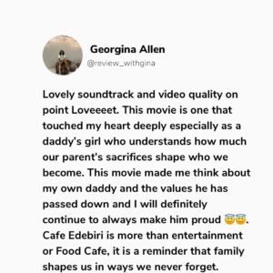 Bolaji Ogunmola Instagram - Youtube Movie 🎥 Review 

Title: CAFE EDEBIRI

Rating: 9/10

Cafe Edebiri is a movie that that talks about Family Legacy. A must watch movie and I highly recommend for everyone to watch. Everything about the movie 🎥 was so real. 

My love for good stories started with my daddy, he is also a Proud Nollywood lover and Cafe Edebiri reminded me why family legacies matter.

If you know me, you will know I am a daddy’s girl to the core, so any movie about family legacy. Trust me I am locked in👌🤌. 

Family Legacy, Bitterness, Emotions, Forgiveness, Identity & purpose, Love communicated through food is the heart of Cafe Edebiri. 

The movie 🎥 is a beautifully layered film that blends culture, family centered drama, culinary passion and generational stories into one heartfelt experience.

This movie takes us into a family owned cafe  where recipes are not just food but they are MEMORIES , you can also call it battles, love letters, friendship and sometimes SCARS. 

I enjoyed the stellar performances from our great veteran actors @osuofia_nkemowoh and @tinamba1 They interpreted their roles so well as always. Their chemistry feels authentic, like a real Nigerian family with flaws and big hearts.

It was refreshing watching @osuofia_nkemowoh You brought a steady emotional fatherly presence to the film. Jisie Ike Papa. God bless you Sir. May you live long in good health of mind and body always. 

A great production. The cast and crew did a fantastic job. Oh no perfect casting 🤌. 

My Favourite Character is Imade @bolajiogunmola Your acting prowess🔥🔥🔥🔥🔥🔥🔥🔥🔥. You Dey Act abeg. Well done ❤️ and God bless you for telling this story 🤌👌. 

Let me know in the comment section if you have watched Cafe Edebiri. Tell me your view about the movie, your favourite character and your favourite scene 🎬. Drop it in the comment below 👇. 

Follow @reviews_withgina for movie 🎥 reviews and YouTube movie recommendations 👌. Thank you. 💙

Love From Reviews with Gina ✍️
.
.
.
.
.
.
#reviewswithgina #reviewswithginatv #youtubemoviereview #youtubemovie #explore #youtubemovie #youtubemovierecommendation #nollywoodmovie #bolajiogunmolatv #cafeedebiri
