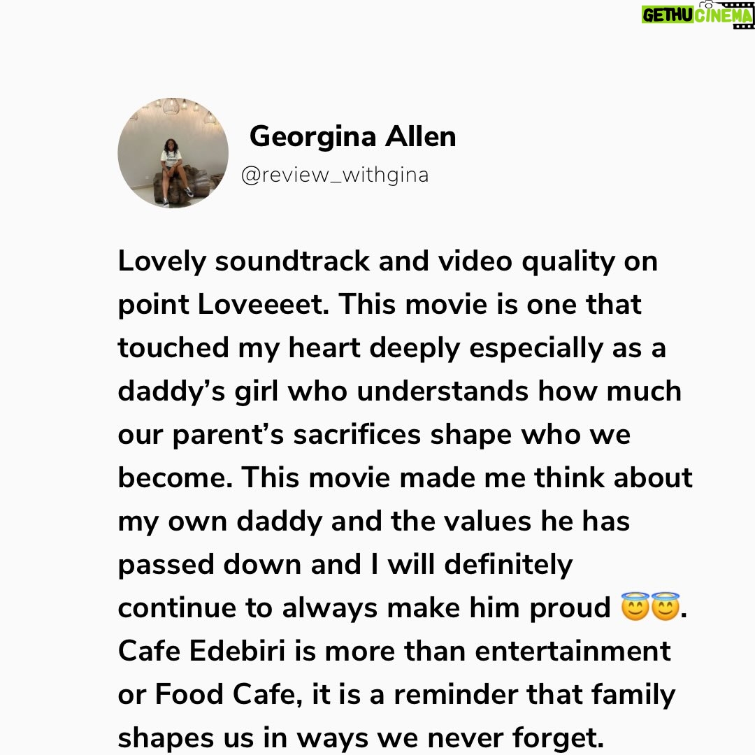 Bolaji Ogunmola - 642 Likes - Youtube Movie 🎥 Review 

Title: CAFE EDEBIRI

Rating: 9/10

Cafe Edebiri is a movie that that talks about Family Legacy. A must watch movie and I highly recommend for everyone to watch. Everything about the movie 🎥 was so real. 

My love for good stories started with my daddy, he is also a Proud Nollywood lover and Cafe Edebiri reminded me why family legacies matter.

If you know me, you will know I am a daddy’s girl to the core, so any movie about family legacy. Trust me I am locked in👌🤌. 

Family Legacy, Bitterness, Emotions, Forgiveness, Identity & purpose, Love communicated through food is the heart of Cafe Edebiri. 

The movie 🎥 is a beautifully layered film that blends culture, family centered drama, culinary passion and generational stories into one heartfelt experience.

This movie takes us into a family owned cafe  where recipes are not just food but they are MEMORIES , you can also call it battles, love letters, friendship and sometimes SCARS. 

I enjoyed the stellar performances from our great veteran actors @osuofia_nkemowoh and @tinamba1 They interpreted their roles so well as always. Their chemistry feels authentic, like a real Nigerian family with flaws and big hearts.

It was refreshing watching @osuofia_nkemowoh You brought a steady emotional fatherly presence to the film. Jisie Ike Papa. God bless you Sir. May you live long in good health of mind and body always. 

A great production. The cast and crew did a fantastic job. Oh no perfect casting 🤌. 

My Favourite Character is Imade @bolajiogunmola Your acting prowess🔥🔥🔥🔥🔥🔥🔥🔥🔥. You Dey Act abeg. Well done ❤️ and God bless you for telling this story 🤌👌. 

Let me know in the comment section if you have watched Cafe Edebiri. Tell me your view about the movie, your favourite character and your favourite scene 🎬. Drop it in the comment below 👇. 

Follow @reviews_withgina for movie 🎥 reviews and YouTube movie recommendations 👌. Thank you. 💙

Love From Reviews with Gina ✍️
.
.
.
.
.
.
#reviewswithgina #reviewswithginatv #youtubemoviereview #youtubemovie #explore #youtubemovie #youtubemovierecommendation #nollywoodmovie #bolajiogunmolatv #cafeedebiri