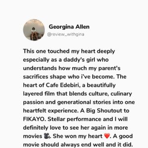 Bolaji Ogunmola Instagram - Youtube Movie 🎥 Review 

Title: CAFE EDEBIRI

Rating: 9/10

Cafe Edebiri is a movie that that talks about Family Legacy. A must watch movie and I highly recommend for everyone to watch. Everything about the movie 🎥 was so real. 

My love for good stories started with my daddy, he is also a Proud Nollywood lover and Cafe Edebiri reminded me why family legacies matter.

If you know me, you will know I am a daddy’s girl to the core, so any movie about family legacy. Trust me I am locked in👌🤌. 

Family Legacy, Bitterness, Emotions, Forgiveness, Identity & purpose, Love communicated through food is the heart of Cafe Edebiri. 

The movie 🎥 is a beautifully layered film that blends culture, family centered drama, culinary passion and generational stories into one heartfelt experience.

This movie takes us into a family owned cafe  where recipes are not just food but they are MEMORIES , you can also call it battles, love letters, friendship and sometimes SCARS. 

I enjoyed the stellar performances from our great veteran actors @osuofia_nkemowoh and @tinamba1 They interpreted their roles so well as always. Their chemistry feels authentic, like a real Nigerian family with flaws and big hearts.

It was refreshing watching @osuofia_nkemowoh You brought a steady emotional fatherly presence to the film. Jisie Ike Papa. God bless you Sir. May you live long in good health of mind and body always. 

A great production. The cast and crew did a fantastic job. Oh no perfect casting 🤌. 

My Favourite Character is Imade @bolajiogunmola Your acting prowess🔥🔥🔥🔥🔥🔥🔥🔥🔥. You Dey Act abeg. Well done ❤️ and God bless you for telling this story 🤌👌. 

Let me know in the comment section if you have watched Cafe Edebiri. Tell me your view about the movie, your favourite character and your favourite scene 🎬. Drop it in the comment below 👇. 

Follow @reviews_withgina for movie 🎥 reviews and YouTube movie recommendations 👌. Thank you. 💙

Love From Reviews with Gina ✍️
.
.
.
.
.
.
#reviewswithgina #reviewswithginatv #youtubemoviereview #youtubemovie #explore #youtubemovie #youtubemovierecommendation #nollywoodmovie #bolajiogunmolatv #cafeedebiri